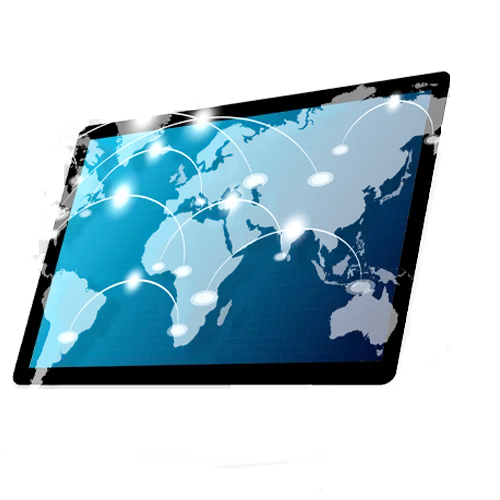 Icona Fibra Business immagine illustrativa di un tablet con internet nel mondo